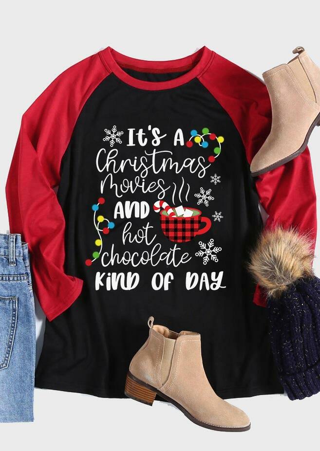 

It's A Christmas Movies And Hot Chocolate Plaid T-Shirt Tee - Red, 488364