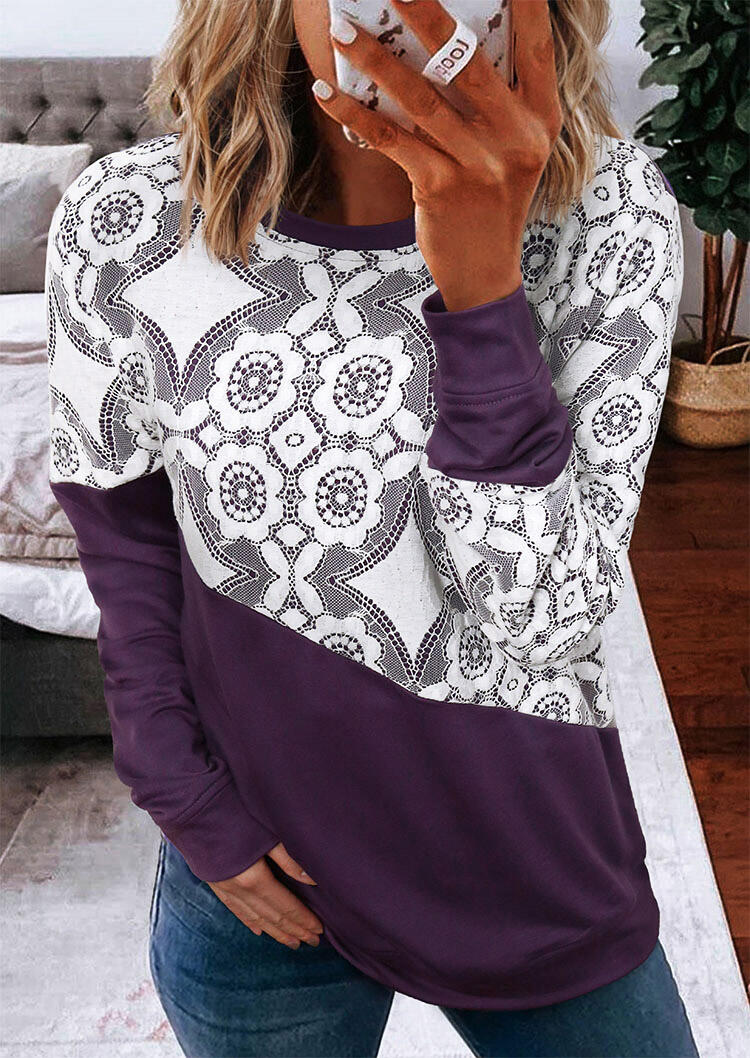 

Asymmetric Lace Splicing Long Sleeve Pullover Sweatshirt - Purple, 488459