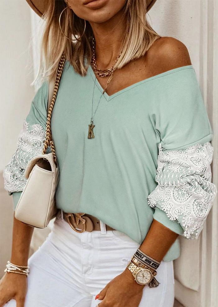 

Lace Splicing V-Neck Long Sleeve Sweatshirt - Light Green, 488509