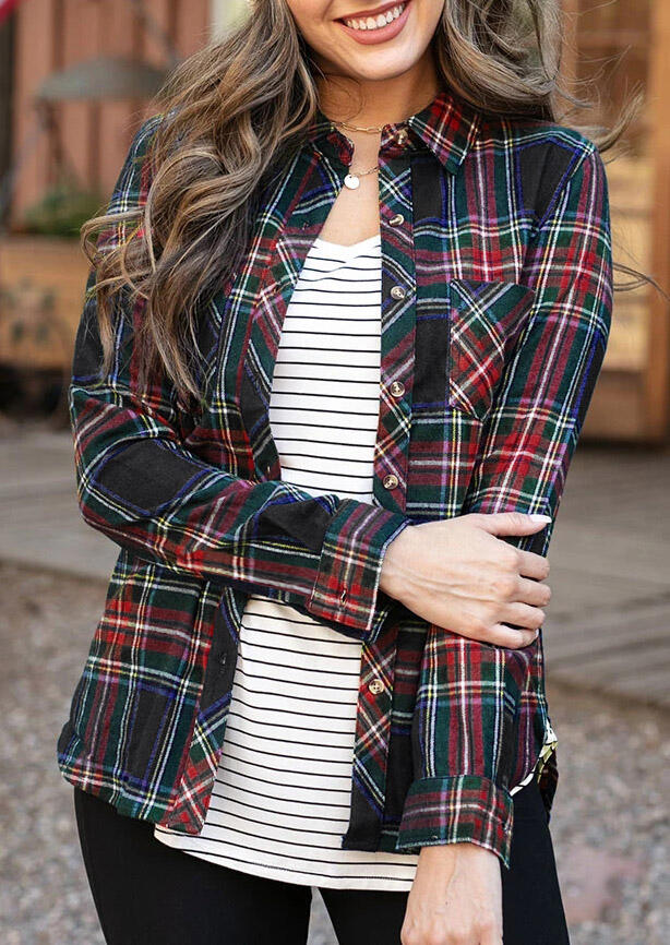 

Plaid Button Pocket Long Sleeve Asymmetric Shirt, Multicolor, 488574