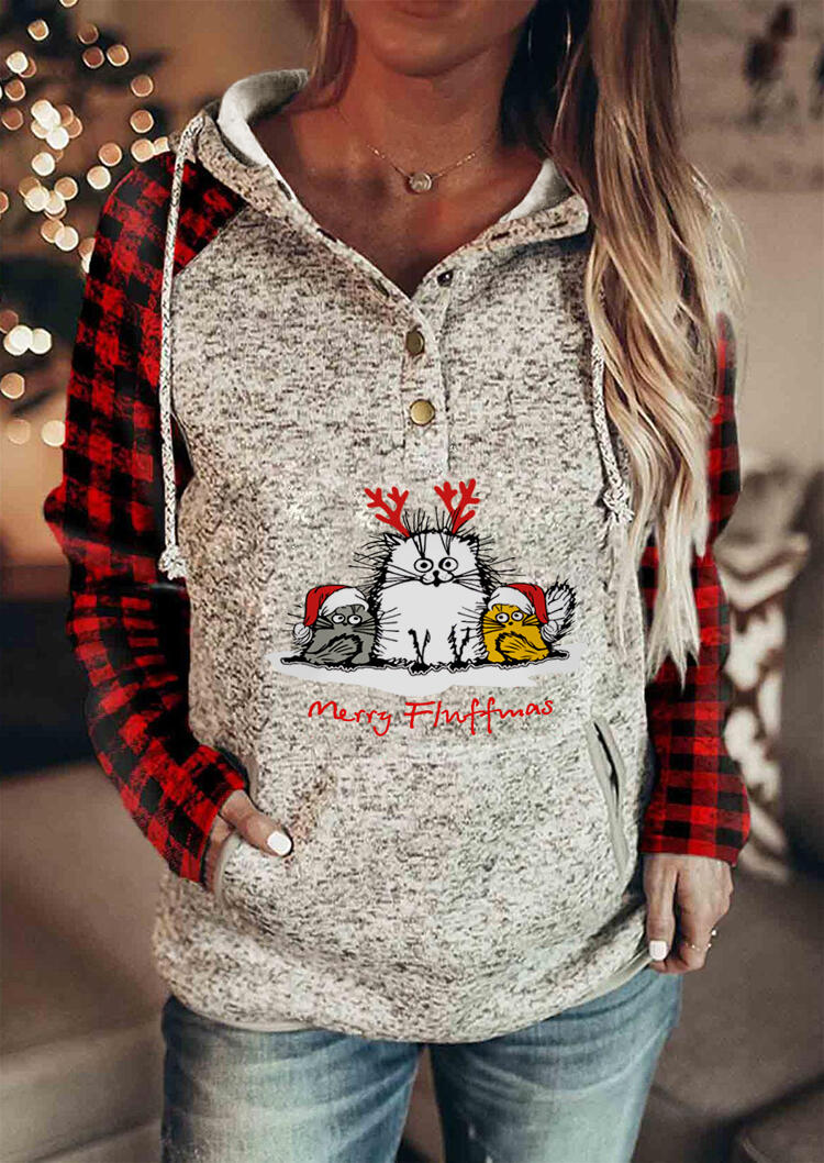 

Christmas Buffalo Plaid Merry Fluffmas Kangaroo Pocket Drawstring Hoodie, 488627