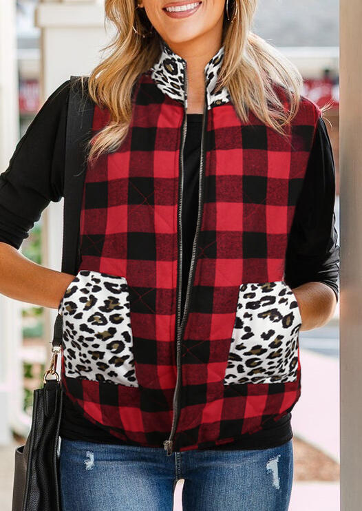 

Plaid Splicing Leopard Pocket Zipper Sleeveless Vest Coat, 488677