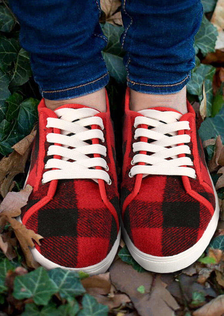 

Warm Buffalo Plaid Lace Up Flat Sneakers - Red, 488678