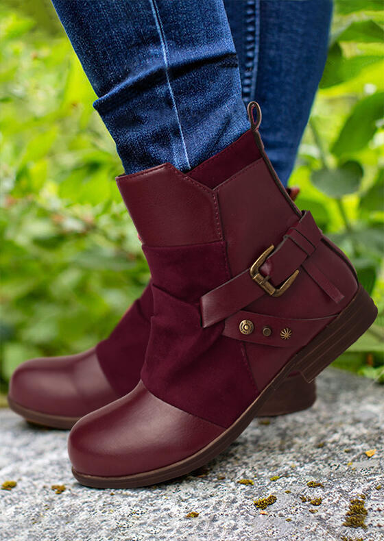 

Rivets Buckle Strap Low Heeled Ankle Boots - Red, 488689