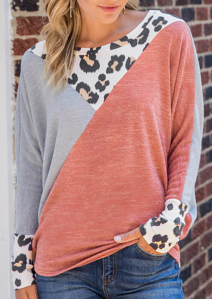 

Colorful Leopard Color Block Splicing Long Sleeve Blouse, Multicolor, 488702