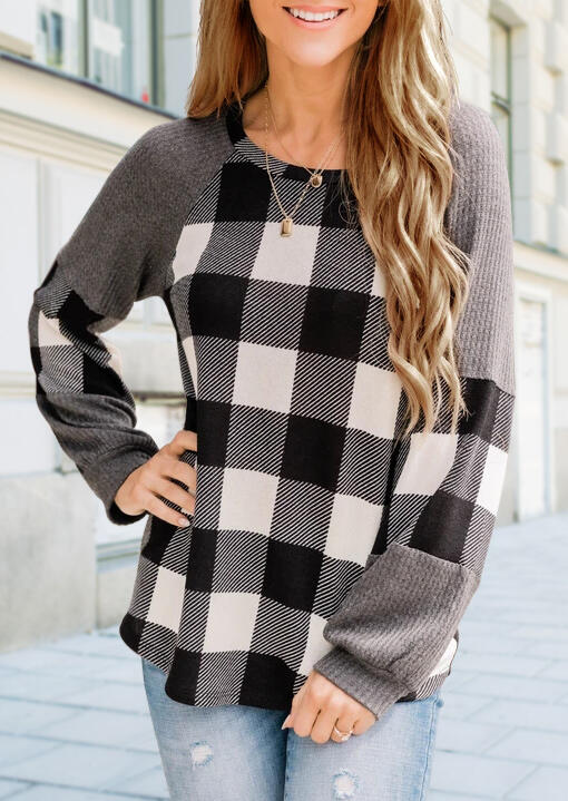 Plaid Raglan Long Sleeve O-Neck Blouse, 488719