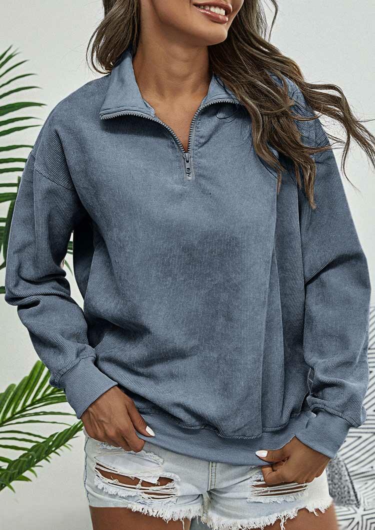 

Corduroy Long Sleeve Zipper Collar Pullover Sweatshirt - Blue, 488721