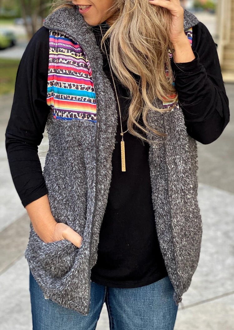 

Serape Striped Leopard Pocket Plush Vest Coat - Gray, 488741
