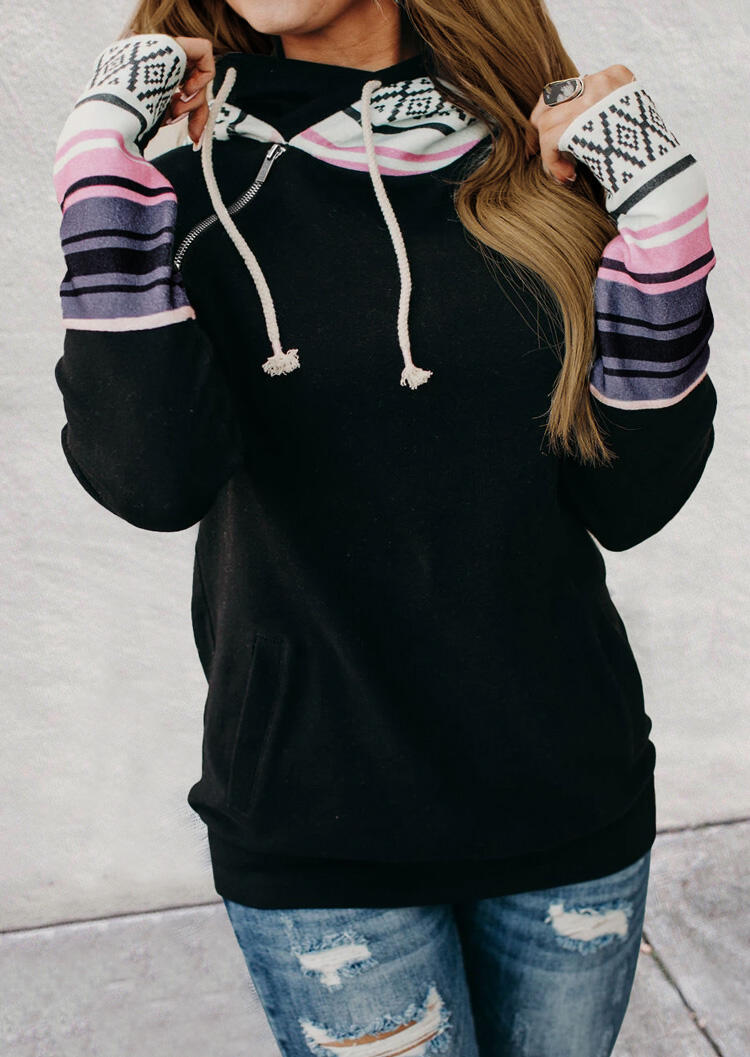

Colorful Striped Splicing Pocket Zipper Drawstring Hoodie - Black, 488756