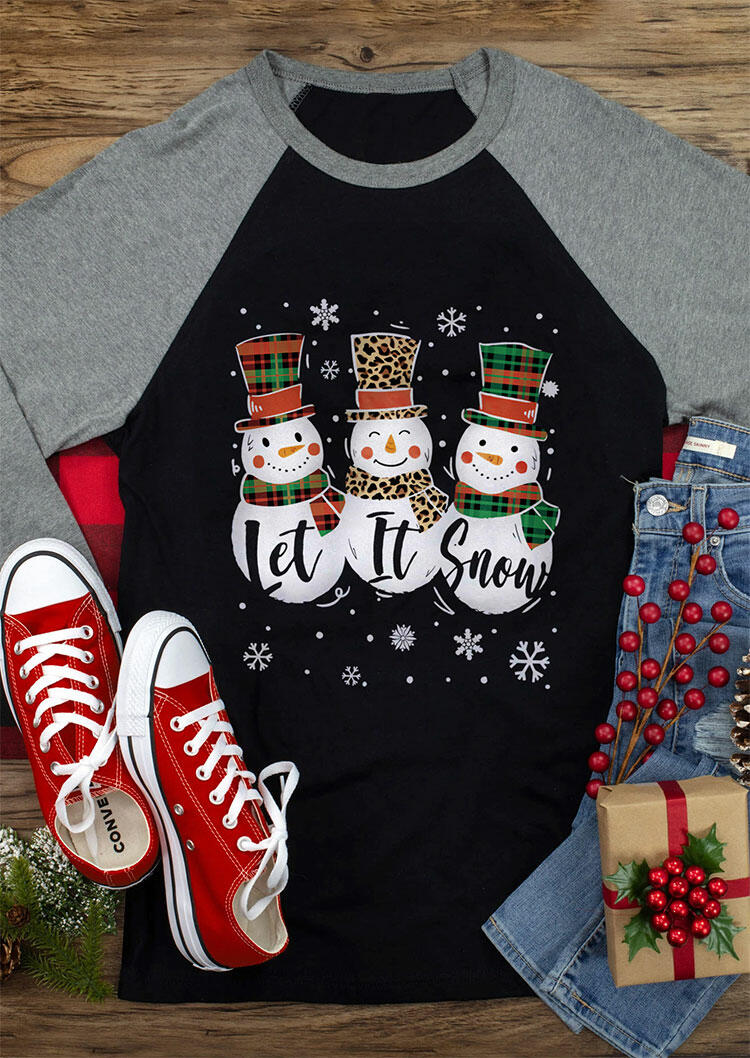 

Christmas Leopard Plaid Snowman Let It Snow T-Shirt Tee - Black, 488777