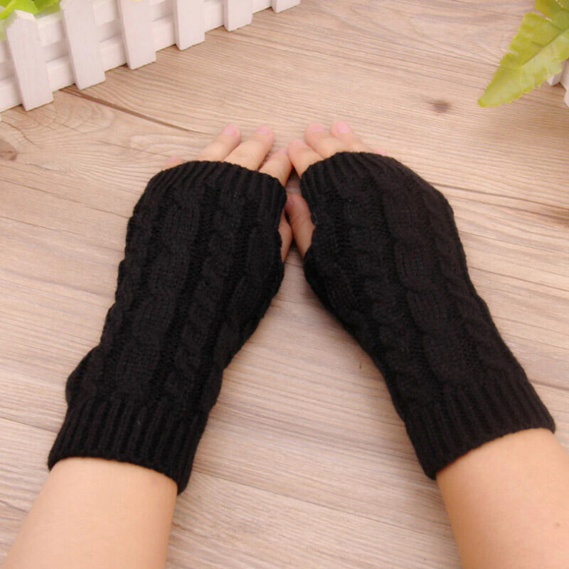 

Winter Warm Fingerless Thumbhole Knitted Crochet Gloves, Black, 488783