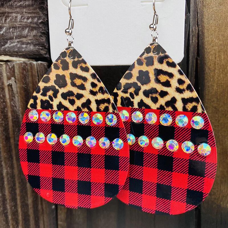 

Rhinestone Double-Sided Leopard Buffalo Plaid Water Drop Earrings, 488787