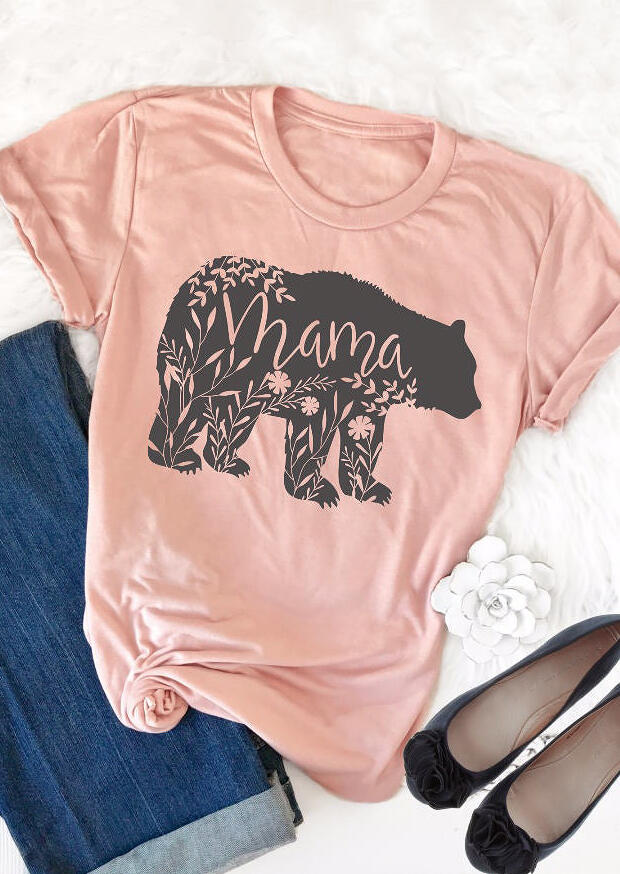 

Mama Bear Flower Leaf Short Sleeve T-Shirt Tee - Pink, 176475
