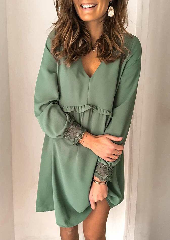 

Lace Splicing Ruffled Long Sleeve V-Neck Mini Dress - Green, 488308
