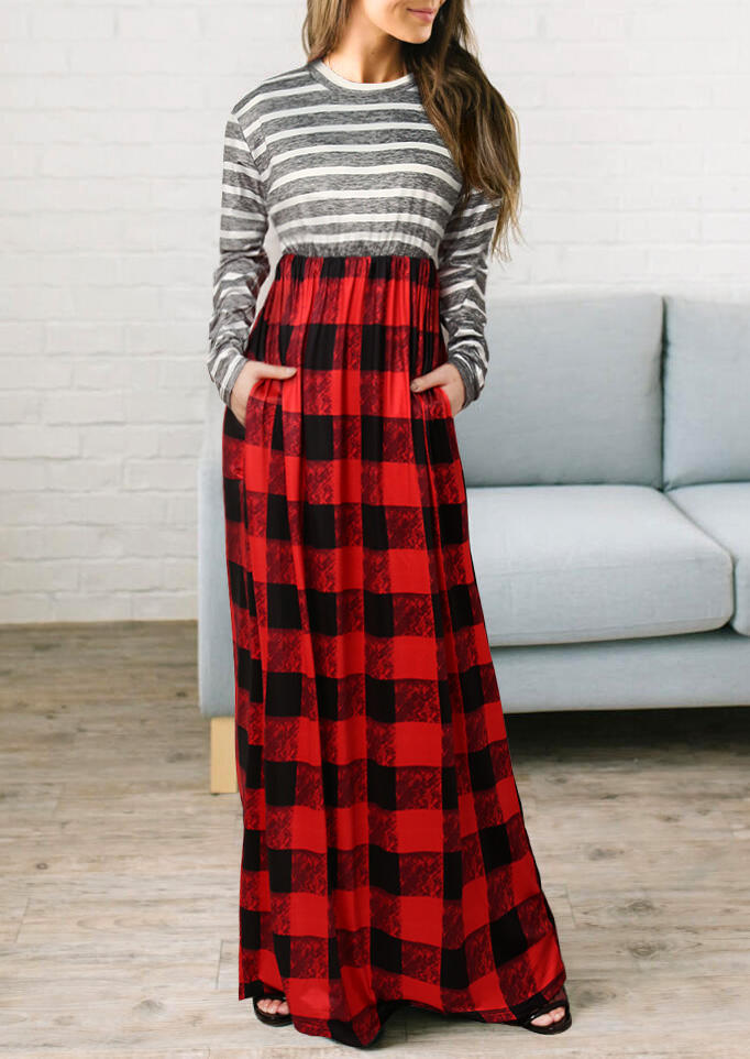 

Striped Plaid Splicing Ruffled Pocket Maxi Dress - Red, 488472
