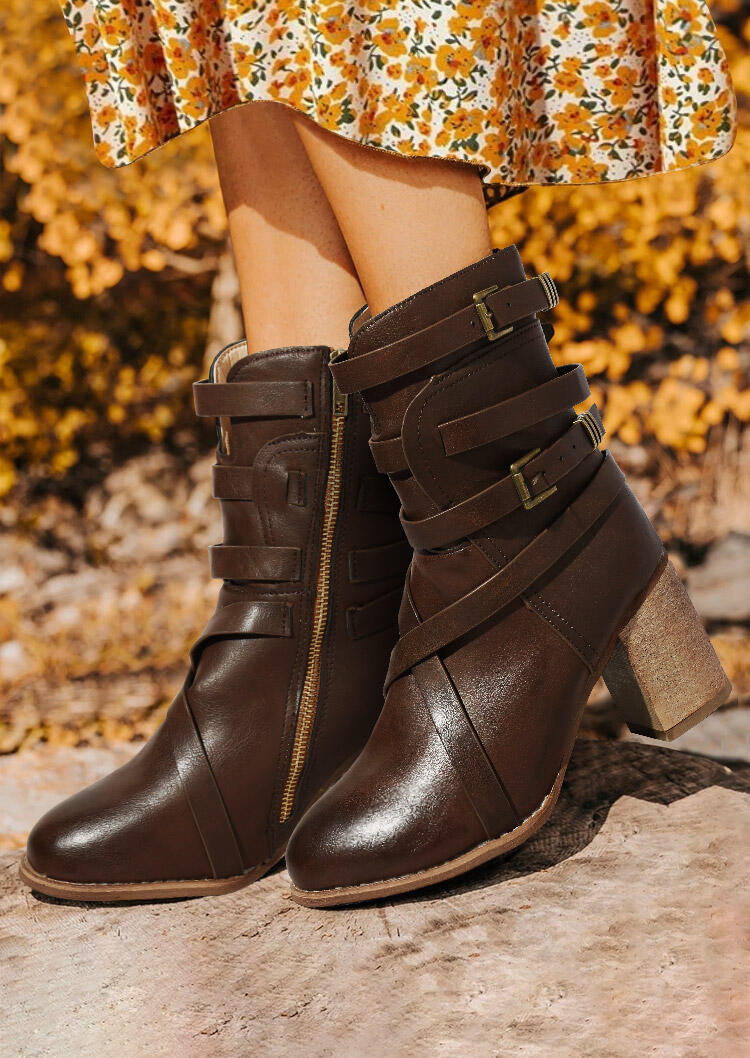 

Vintage Buckle Strap Zipper High Heeled Boots - Dark Brown, 488661