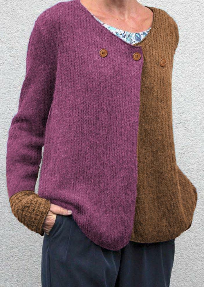

Color Block Button V-Neck Knitted Sweater, Multicolor, 488763