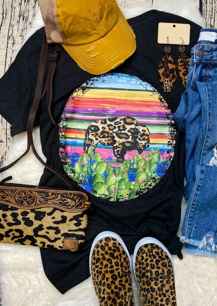 

Leopard Roam Wild Bull Serape Striped T-Shirt Tee - Black, 488786