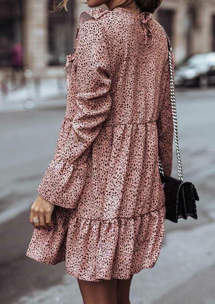 Leopard Ruffled Flare Sleeve Tie Mini Dress - Pink