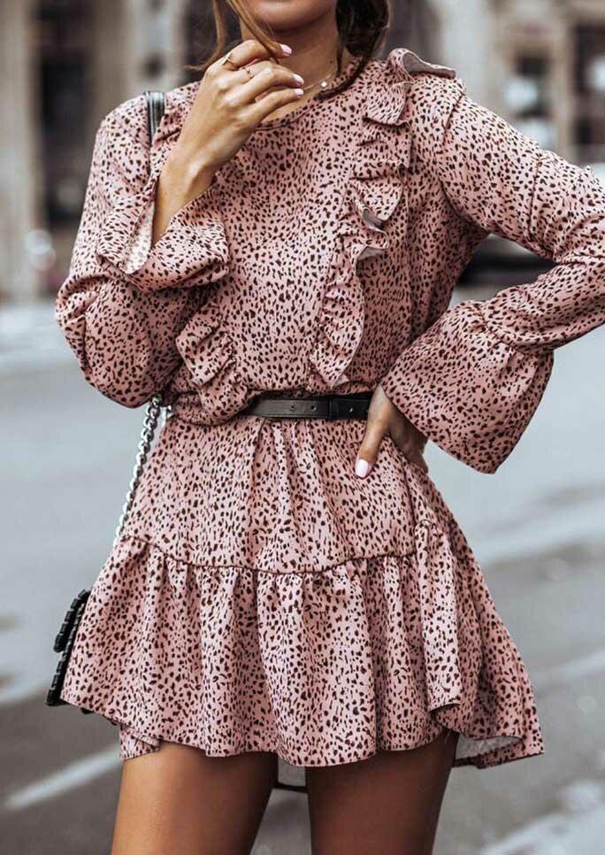 Leopard Ruffled Flare Sleeve Tie Mini Dress - Pink