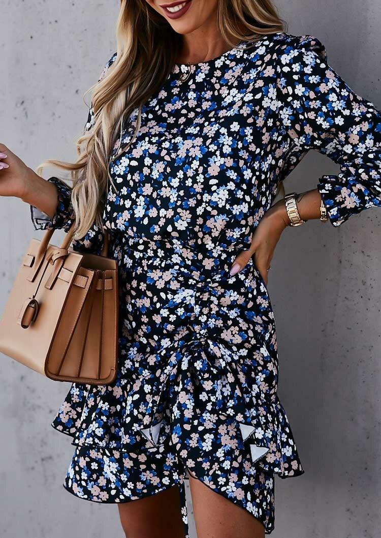 

Floral Ruffled Drawstring Button Long Sleeve Mini Dress, Multicolor, 488800