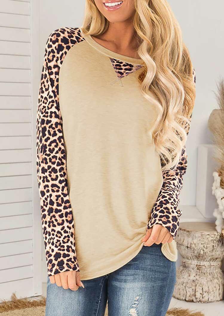 

Leopard Splicing O-Neck Long Sleeve T-Shirt Tee - Apricot, 488802