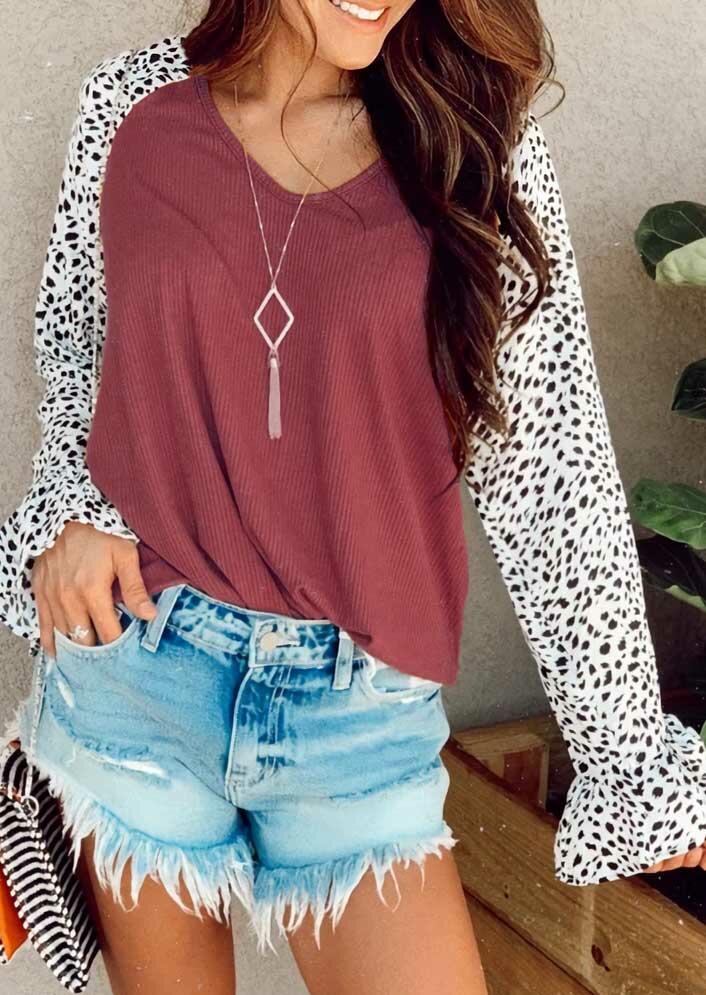 

Leopard Ruffled Splicing Raglan Sleeve Blouse, Multicolor, 488811