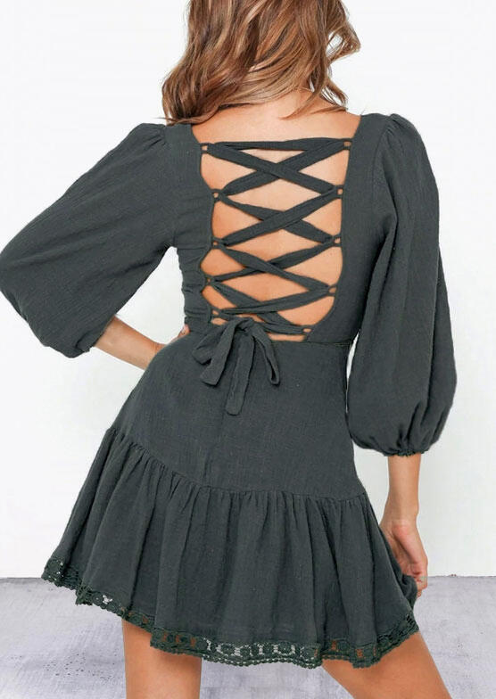 

Open Back Hollow Out Lace Up Ruffled Elastic Cuff Mini Dress - Green, 488812