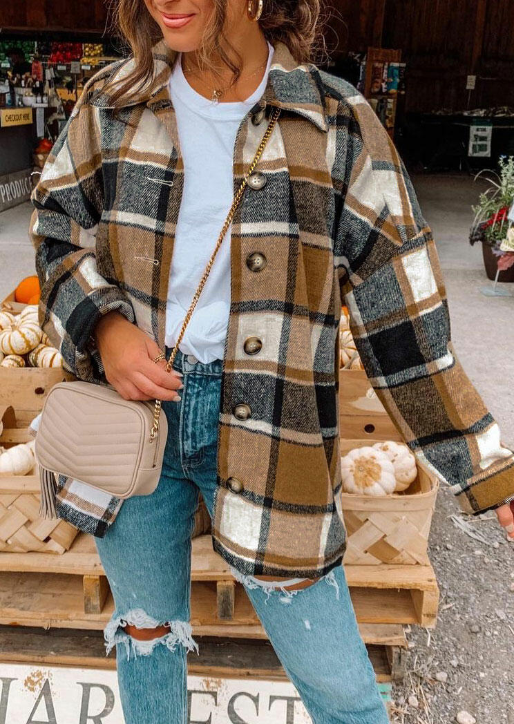 

Plaid Button Long Sleeve Loose Shirt Coat, 488831