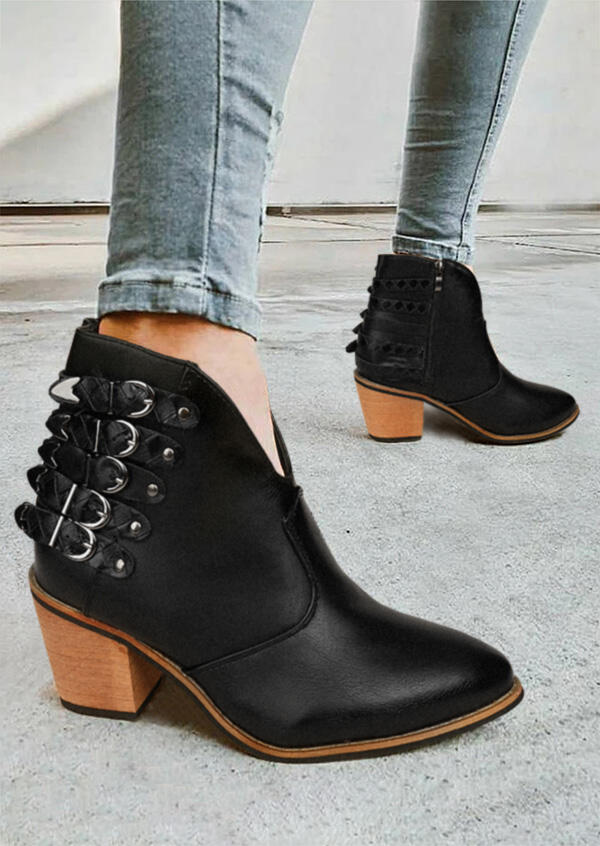 

Buckle Strap Slip On Chunky Heel Ankle Boots, Black, 488843