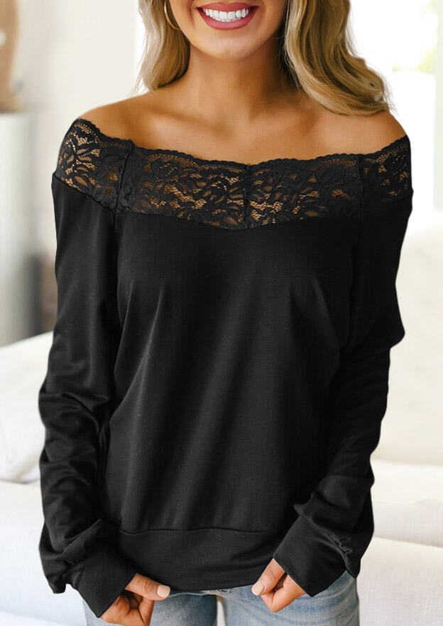 

Lace Splicing Off Shoulder Long Sleeve Blouse - Black, 488847