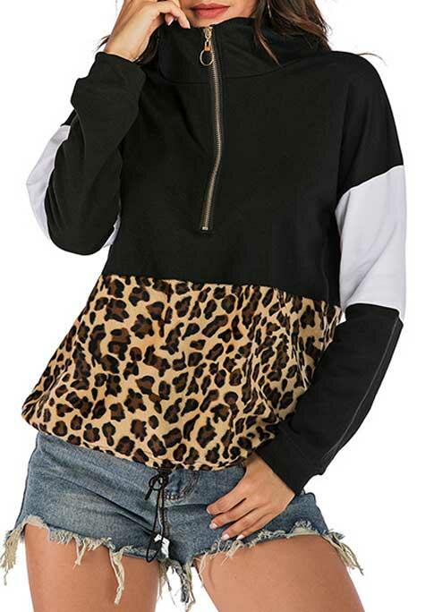 

Leopard Color Block Zipper Drawstring Pullover Hoodie - Black, 488852