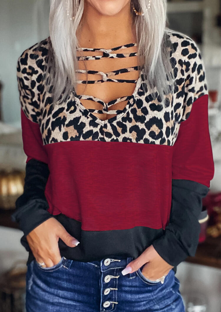 

Leopard Color Block Criss-Cross Long Sleeve Blouse - Burgundy, Red, 488899