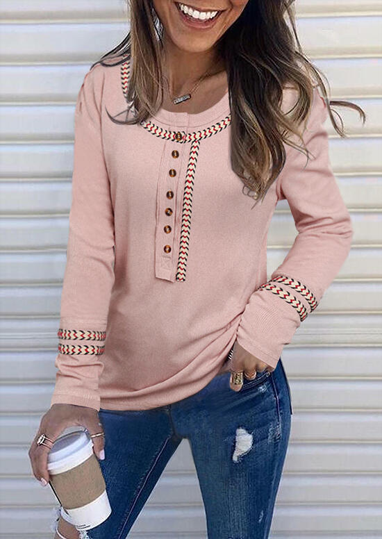 

Zigzag Button Long Sleeve O-Neck Blouse - Pink, 488450