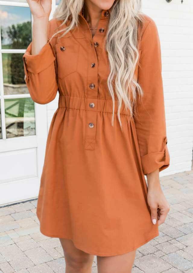 

Ruffled Elastic Waist Pocket Long Sleeve Mini Dress - Orange, 488563