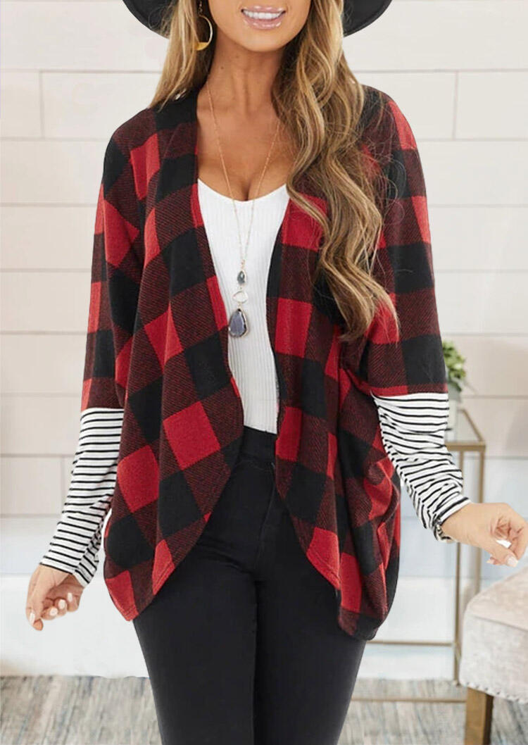 

Buffalo Plaid Striped Splicing Open Front Cardigan, 488568
