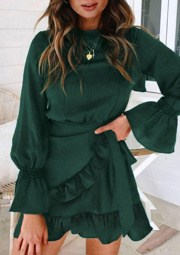 

Ruffled Tie Elastic Waist Zipper Long Sleeve Mini Dress - Green, 488809