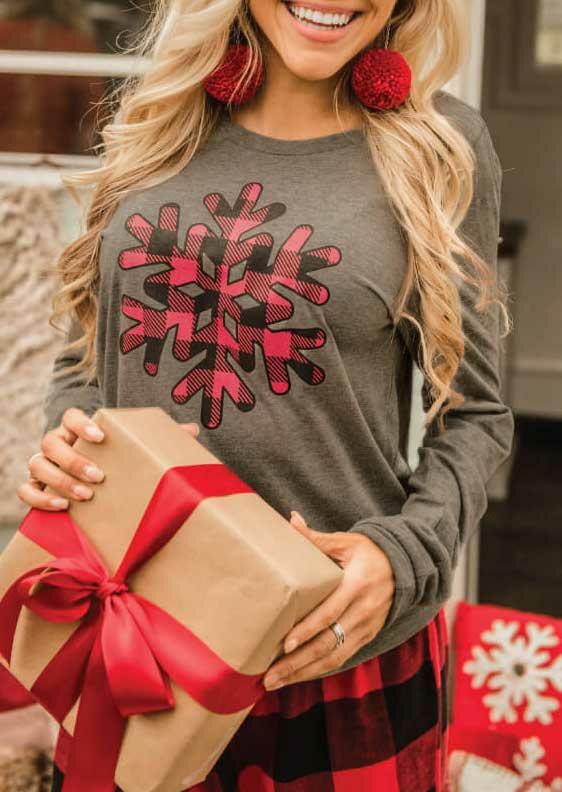 

Plaid Snowflake Long Sleeve T-Shirt Tee - Light Coffee, 488883