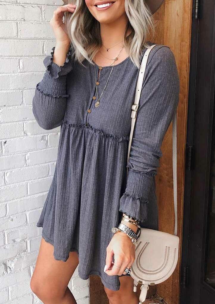 Ruffled Button Long Sleeve O-Neck Mini Dress - Dark Grey