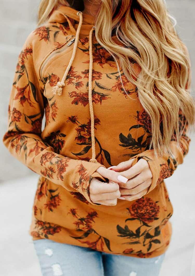 

Floral Drawstring Zipper Long Sleeve Pullover Hoodie - Orange, 488891
