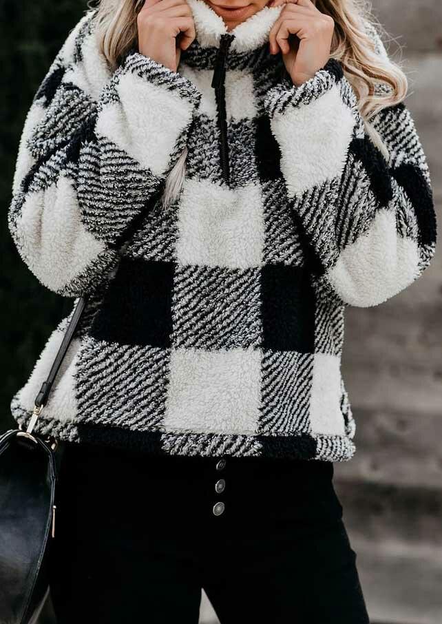 

Plaid Long Sleeve Zipper Collar Pullover Sweatshirt, 488901
