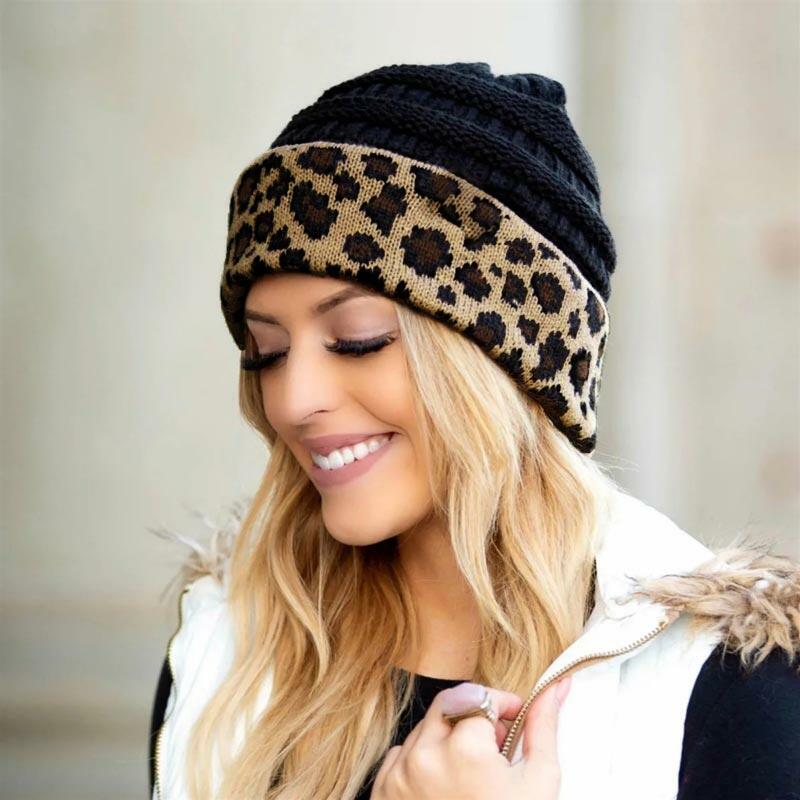 

Leopard Splicing Crochet Knitted Beanie Hat, Black, 488913