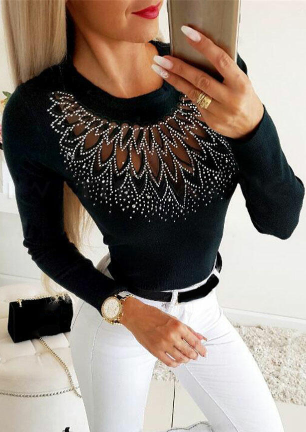 

Cut Out Rhinestone Long Sleeve Blouse - Black, 488929