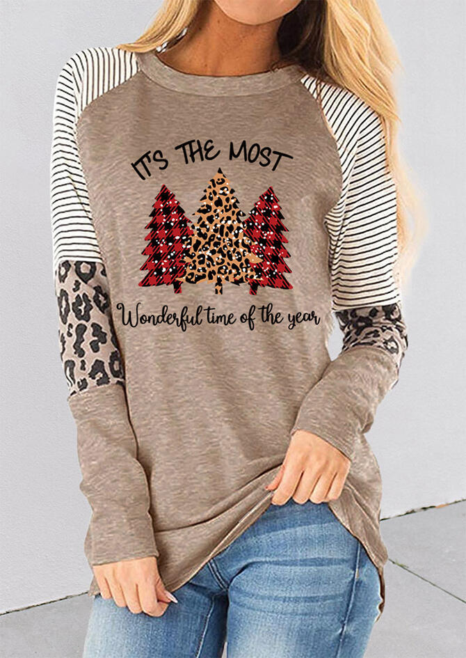 

Leopard Plaid Trees Splicing Striped T-Shirt Tee - Light Coffee, Brown, 488955