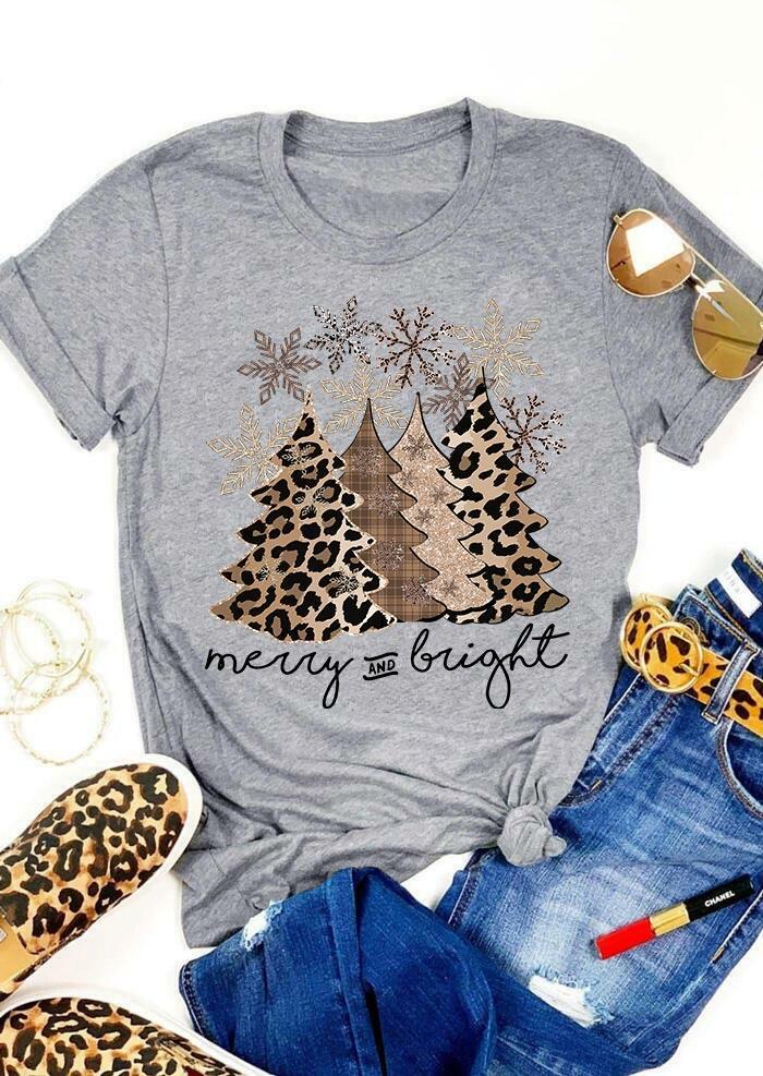 

Christmas Tree Leopard Snowflake Merry And Bright T-Shirt Tee - Gray, 488990