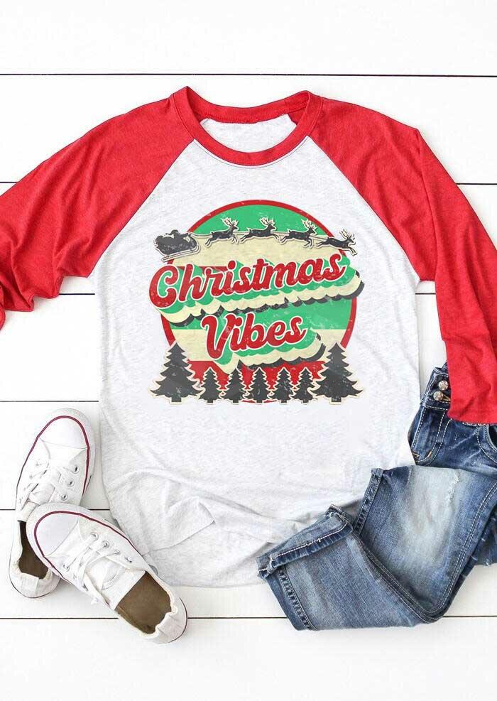 

Christmas Vibes Reindeer Tree Raglan Sleeve T-Shirt Tee - Red, 488956