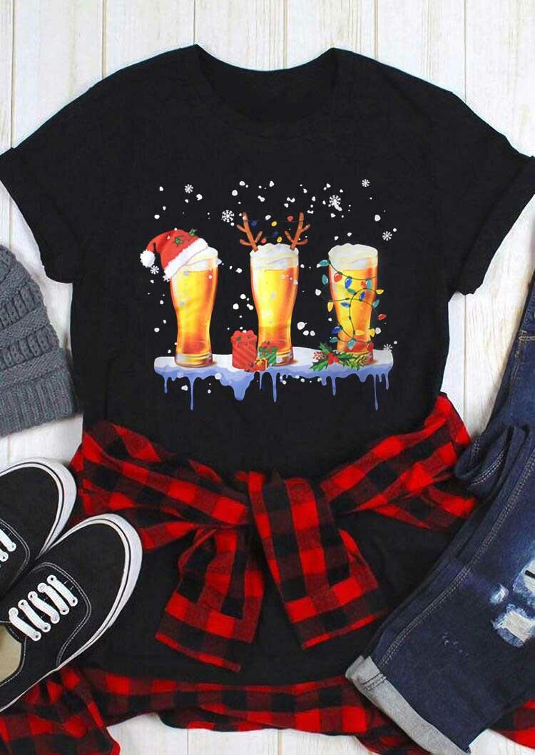 

Christmas Hat Beer Snowflake O-Neck T-Shirt Tee - Black, 488957