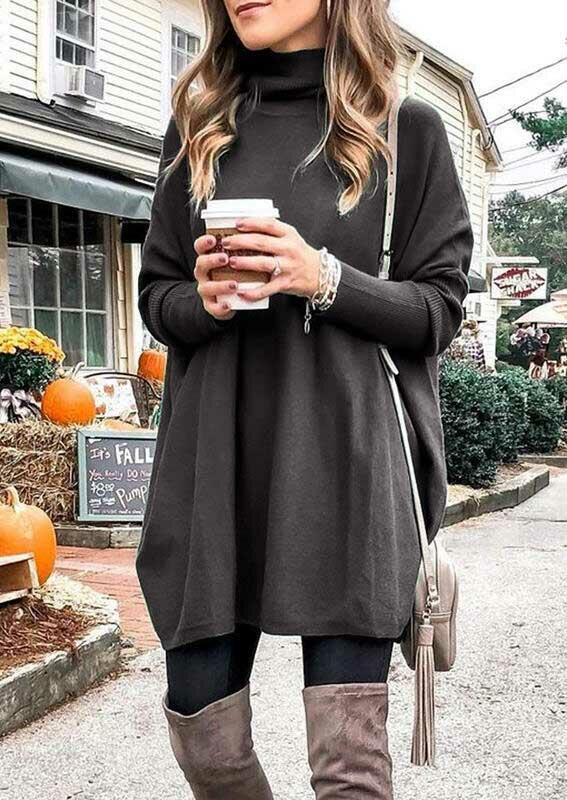 

Solid Knitted Turtleneck Mini Dress - Gray, 488960