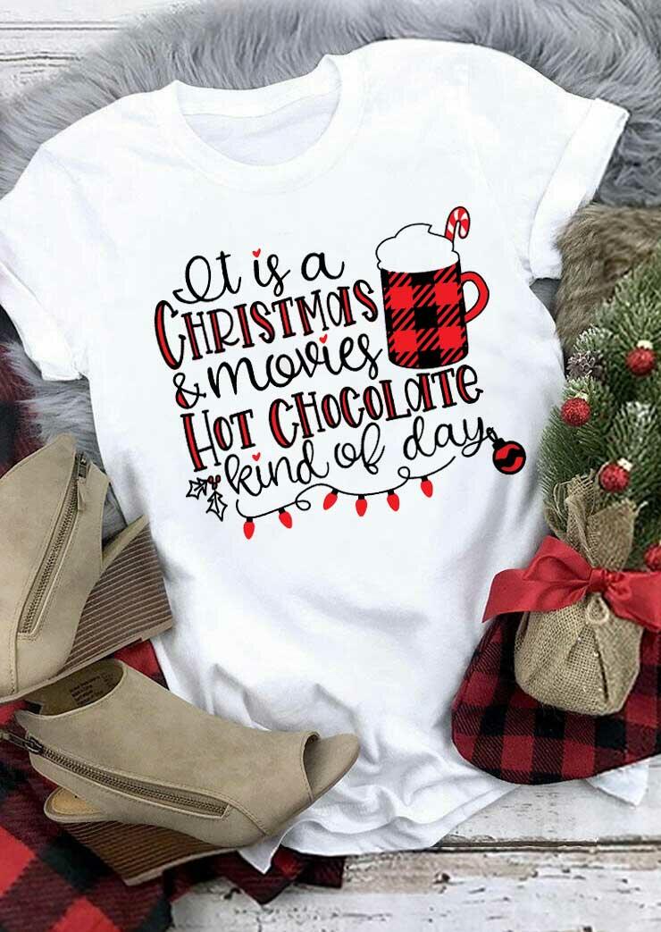 

It Is A Christmas & Movies Hot Chocolate Plaid T-Shirt Tee - White, 488964