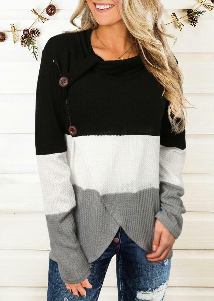 

Asymmetric Color Block Button Cowl Neck Blouse - Black, 488967